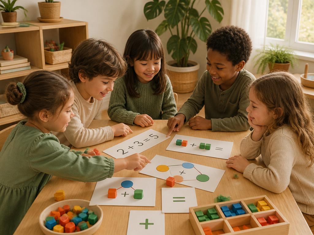 Crianças em uma mesa visualizando símbolos matemáticos em operações simples de adição
