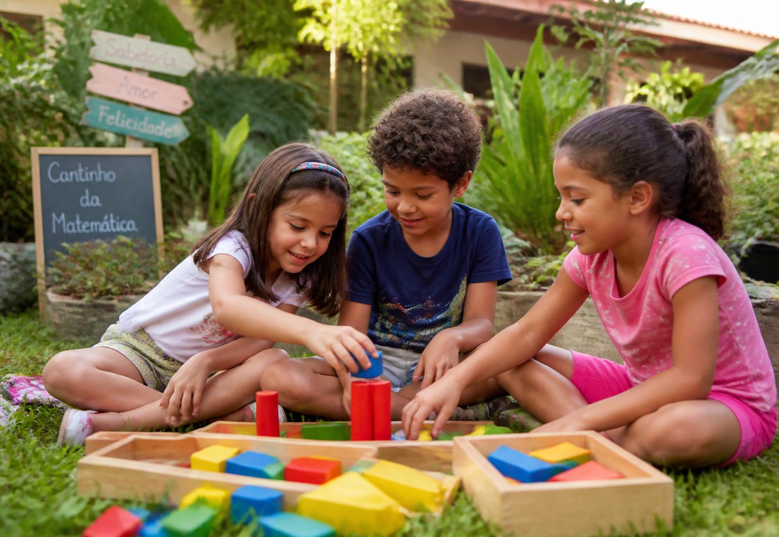 Crianças brincando com materiais matemáticos coloridos no jardim