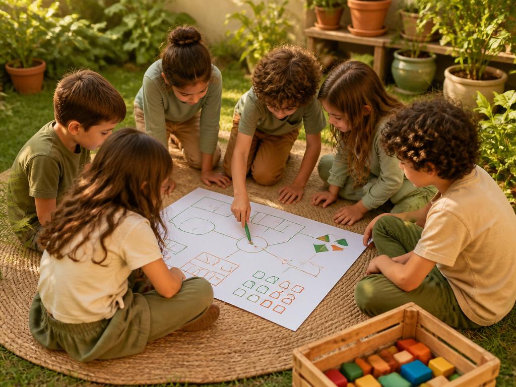 Crianças no jardim observando desenhos e representações em uma folha de atividade